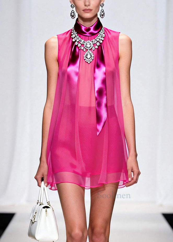 French Rose Draping Chiffon Day Dress Sleeveless