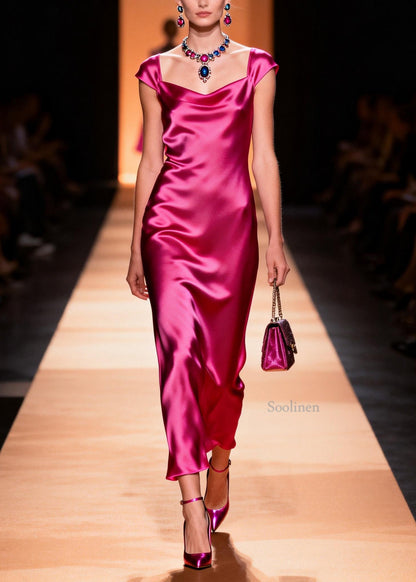 French Rose Draping Silk Long Dress Summer