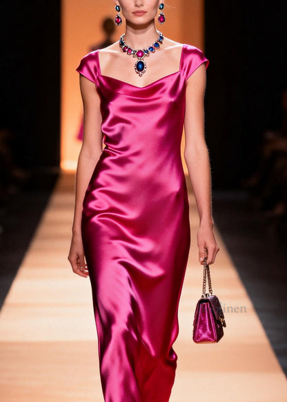 French Rose Draping Silk Long Dress Summer