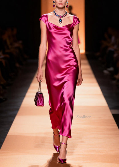French Rose Draping Silk Long Dress Summer