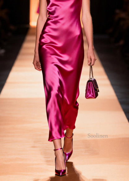 French Rose Draping Silk Long Dress Summer