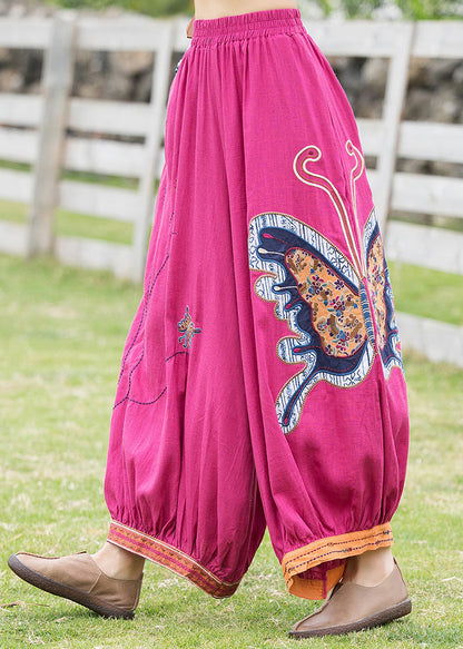 Haremshose aus Leinen mit französischer Rose-Stickerei und Blumenmuster