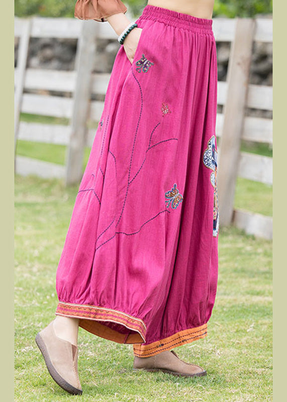 Haremshose aus Leinen mit französischer Rose-Stickerei und Blumenmuster