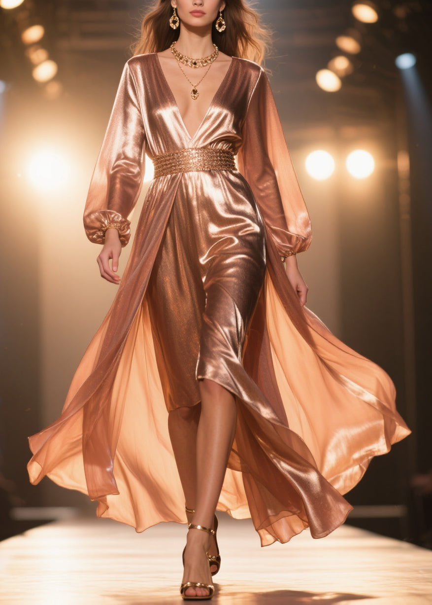 French Rose Gold High Waist Solid Silk Long Dress Spring