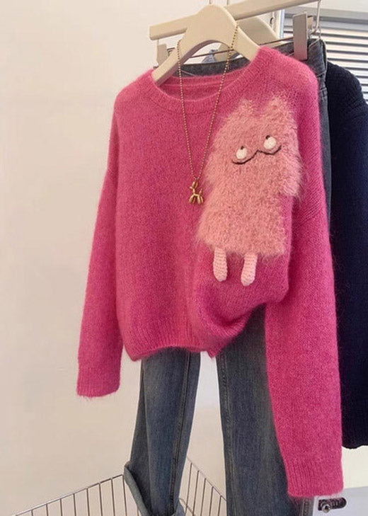 French Rose O Neck Cartoon Knit Short Sweater Spring