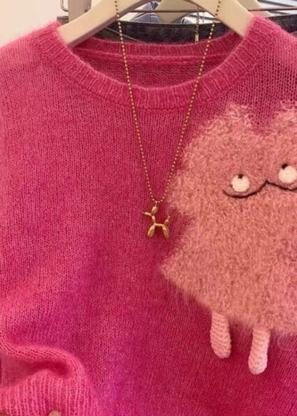 French Rose O Neck Cartoon Knit Short Sweater Spring