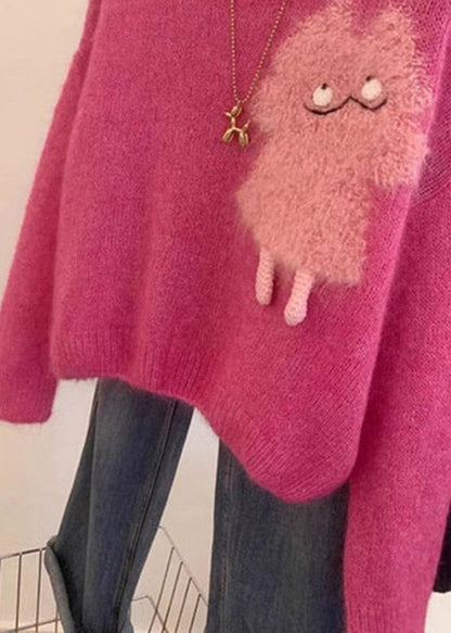 French Rose O Neck Cartoon Knit Short Sweater Spring
