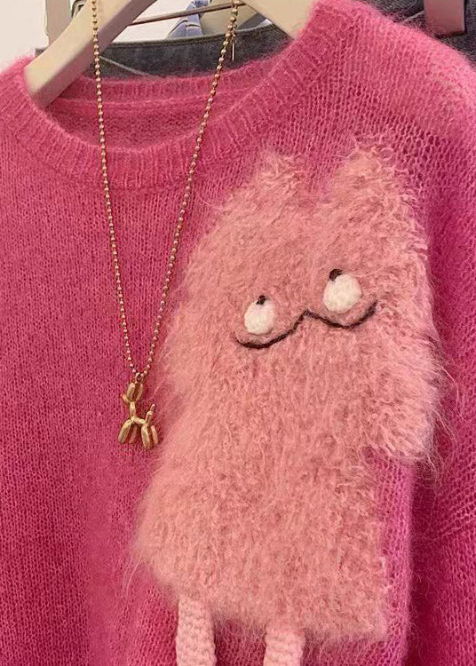 French Rose O Neck Cartoon Knit Short Sweater Spring