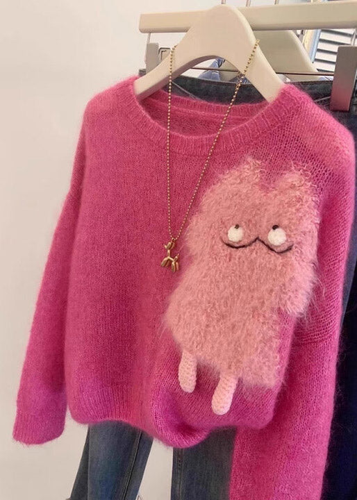 French Rose O Neck Cartoon Knit Short Sweater Spring