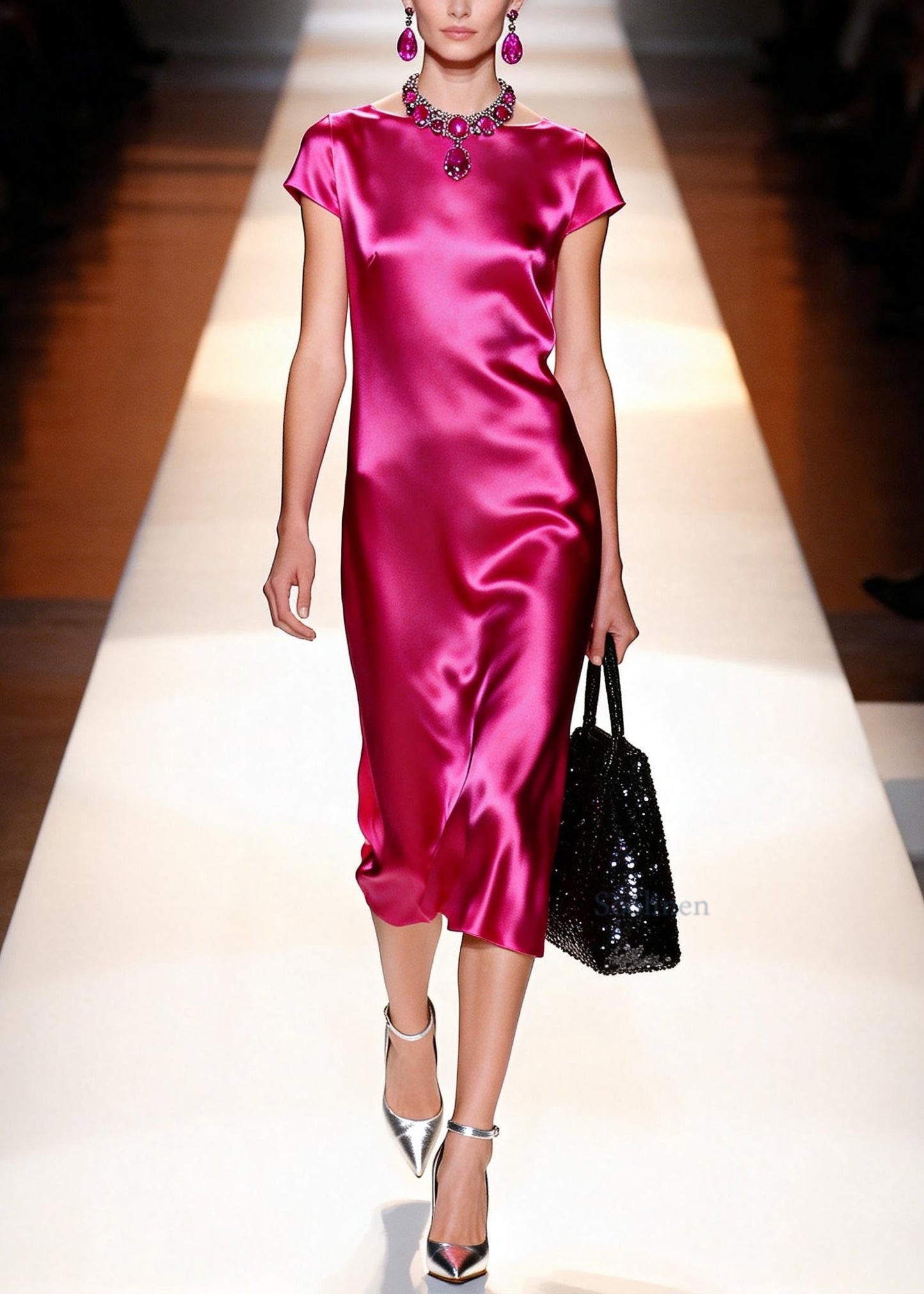 French Rose O Neck Draping Silk Long Dress Summer