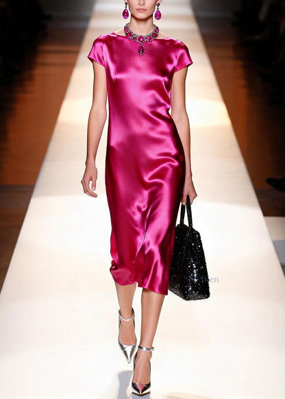 French Rose O Neck Draping Silk Long Dress Summer
