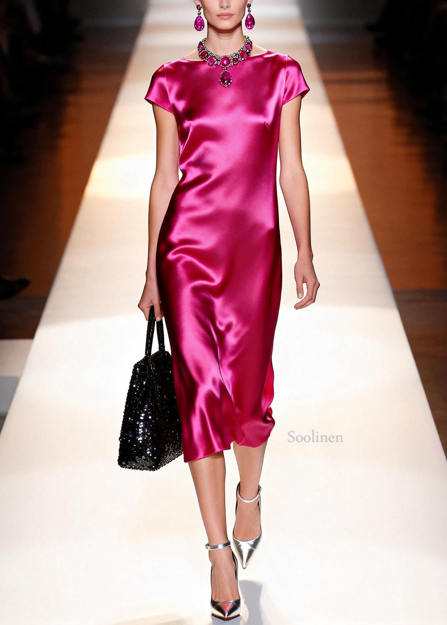 French Rose O Neck Draping Silk Long Dress Summer
