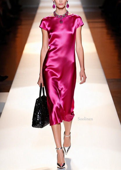 French Rose O Neck Draping Silk Long Dress Summer