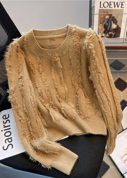 French Rose O Neck Tassel Patchwork Knit Sweaters Spring