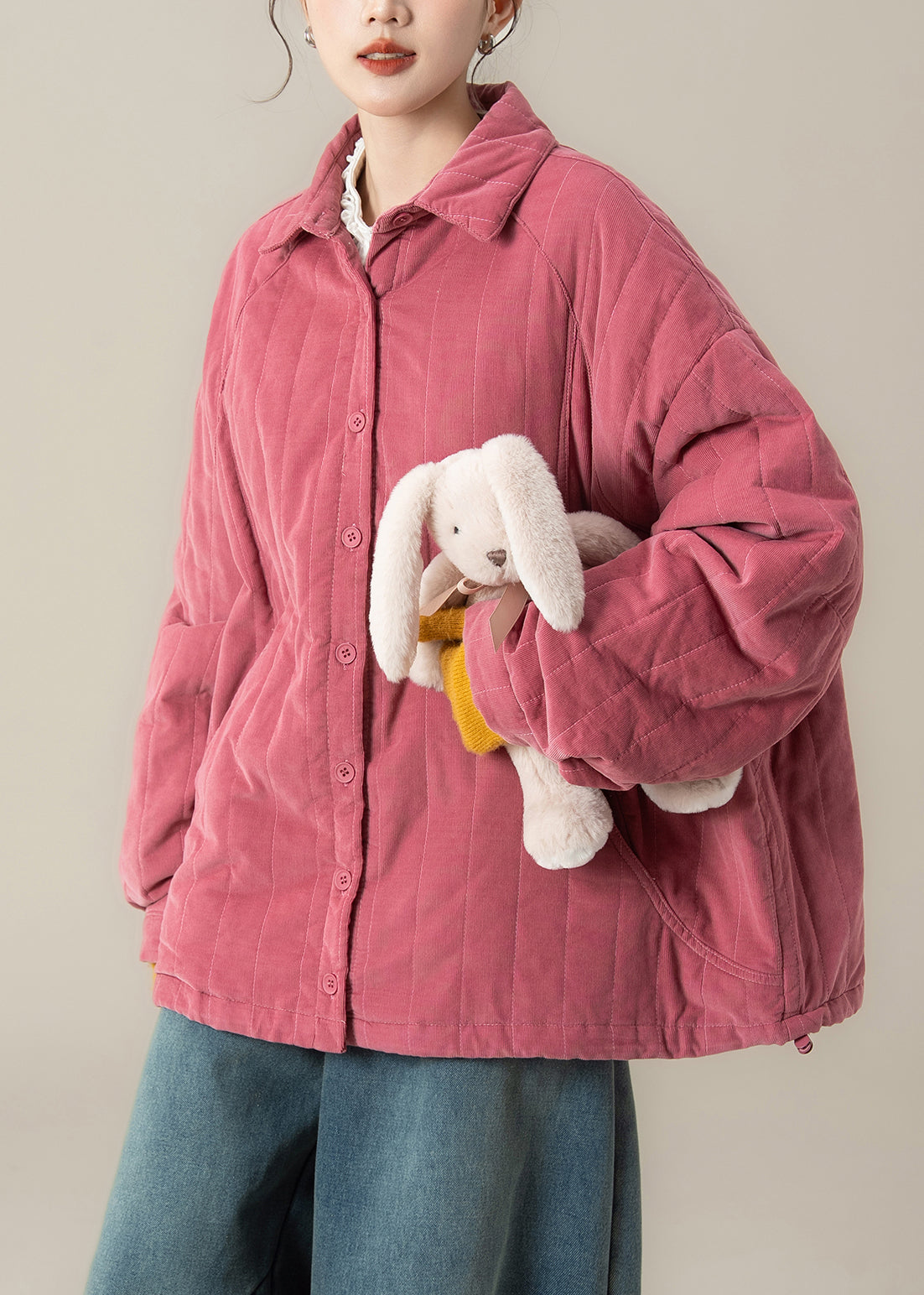 Französischer Rosen-Oversize-Streifenmantel aus feiner Baumwolle, gefüllt mit Baumwolle, Winter