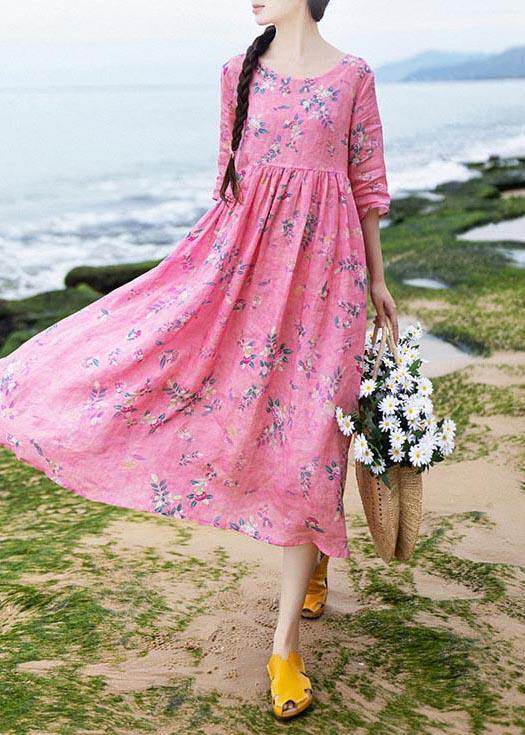 French Rose Print Cinched Pockets Maxi Summer Linen Dress - SooLinen
