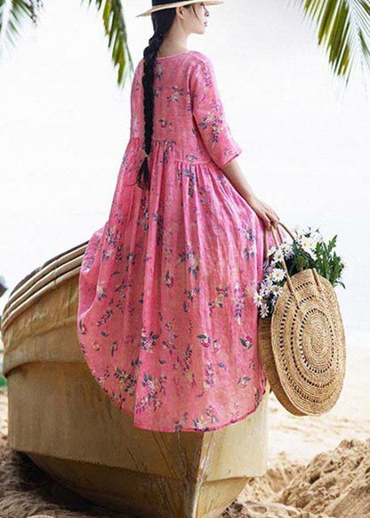 French Rose Print Cinched Pockets Maxi Summer Linen Dress - SooLinen