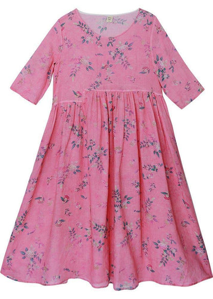 French Rose Print Cinched Pockets Maxi Summer Linen Dress - SooLinen