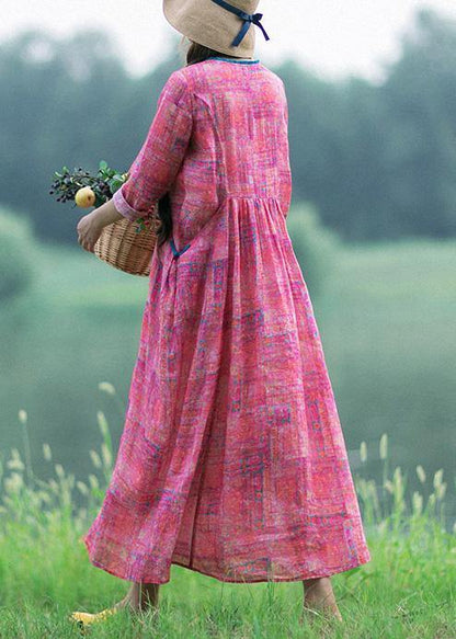 French Rose Print Clothes Women V Neck Patchwork Maxi Spring Dress - SooLinen