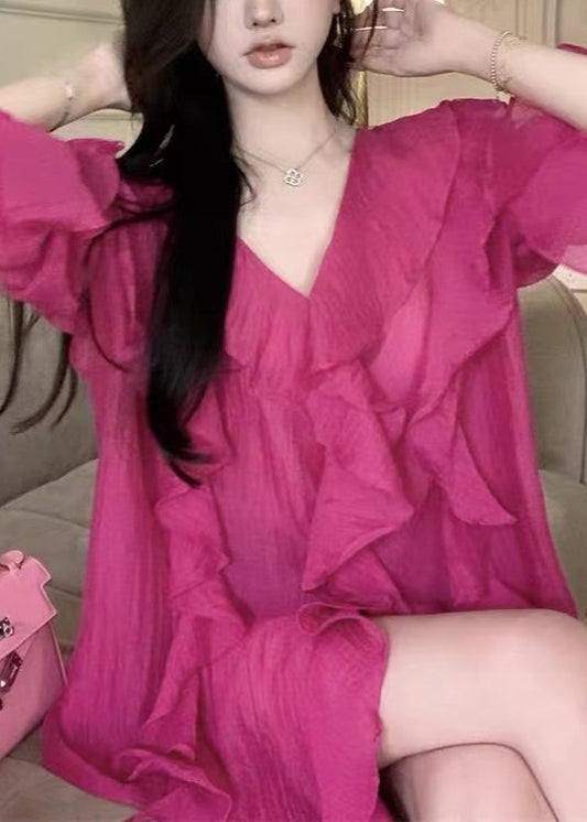 French Rose – Hemdoberteil mit Rüschen und V-Ausschnitt und ausgestellten Ärmeln