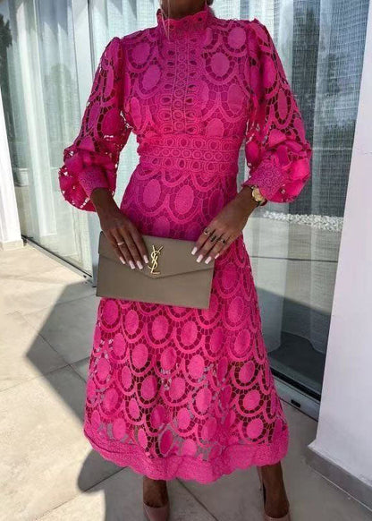 French Rose Stand Collar Puff Sleeve Lace Dress