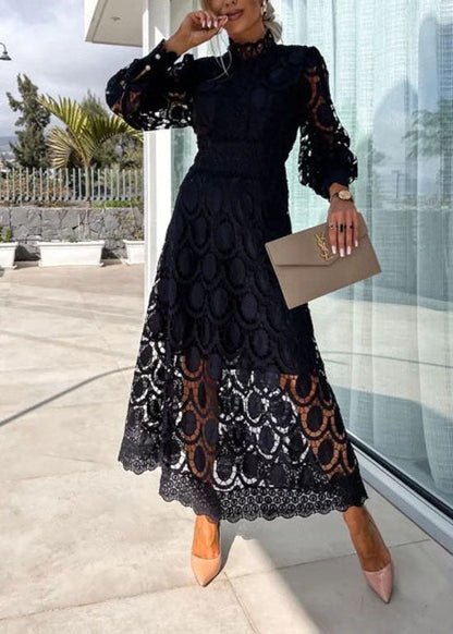 French Rose Stand Collar Puff Sleeve Lace Dress