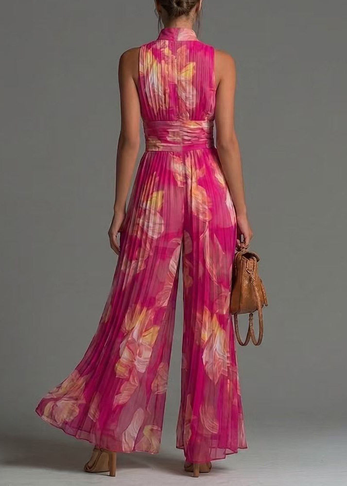 French Rose Stand Collar Wrinkled Print Chiffon Jumpsuits Sleeveless