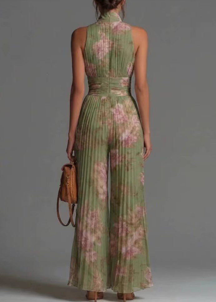 French Rose Stand Collar Wrinkled Print Chiffon Jumpsuits Sleeveless