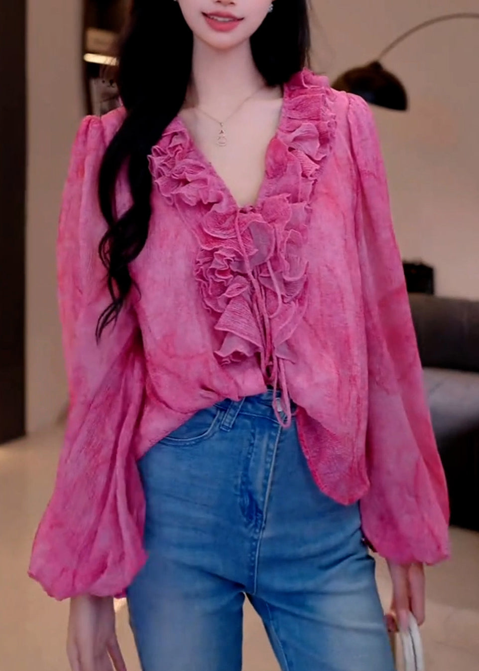 French Rose V Neck Ruffled Patchwork Chiffon Shirts Spring