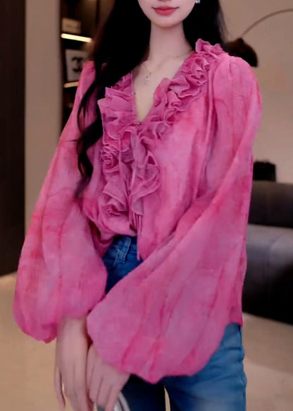 French Rose V Neck Ruffled Patchwork Chiffon Shirts Spring