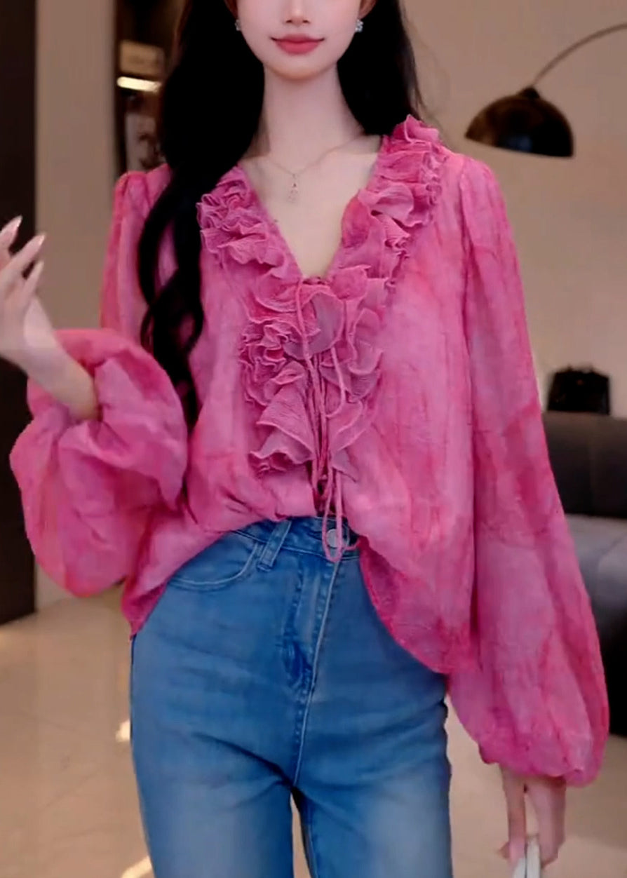 French Rose V Neck Ruffled Patchwork Chiffon Shirts Spring