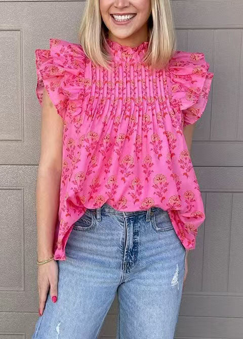 French Rose Wrinkled Print Chiffon Shirt Butterfly Sleeve