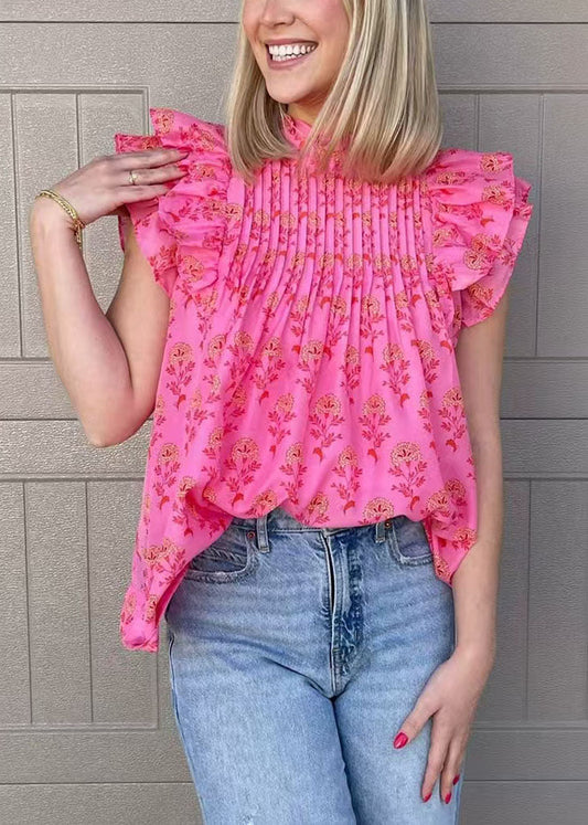 French Rose Wrinkled Print Chiffon Shirt Butterfly Sleeve