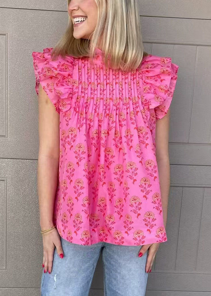 French Rose Wrinkled Print Chiffon Shirt Butterfly Sleeve