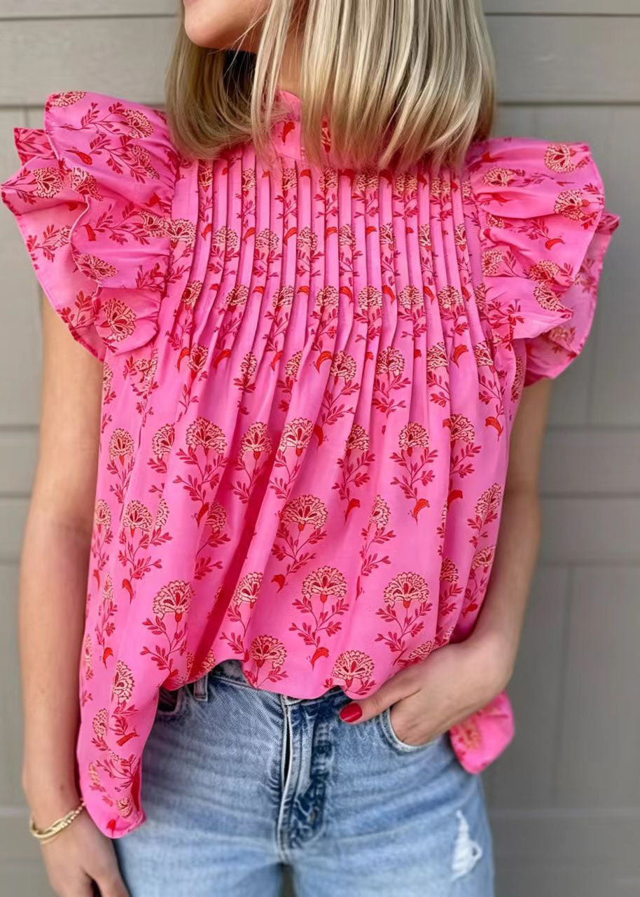 French Rose Wrinkled Print Chiffon Shirt Butterfly Sleeve