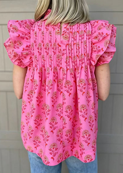 French Rose Wrinkled Print Chiffon Shirt Butterfly Sleeve
