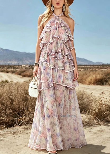 French Ruffled Asymmetrical Design Patchwork Chiffon Dress Sleeveless