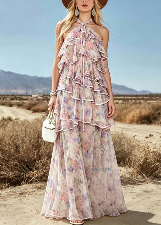 French Ruffled Asymmetrical Design Patchwork Chiffon Dress Sleeveless