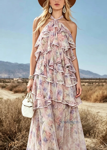 French Ruffled Asymmetrical Design Patchwork Chiffon Dress Sleeveless