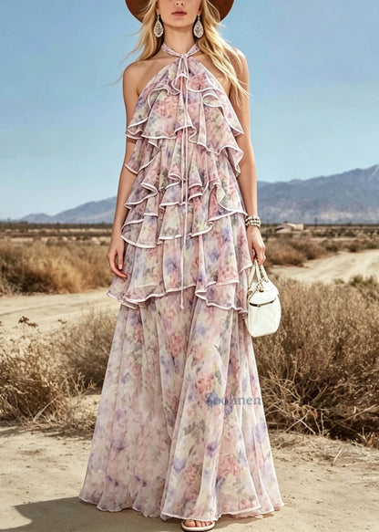 French Ruffled Asymmetrical Design Patchwork Chiffon Dress Sleeveless