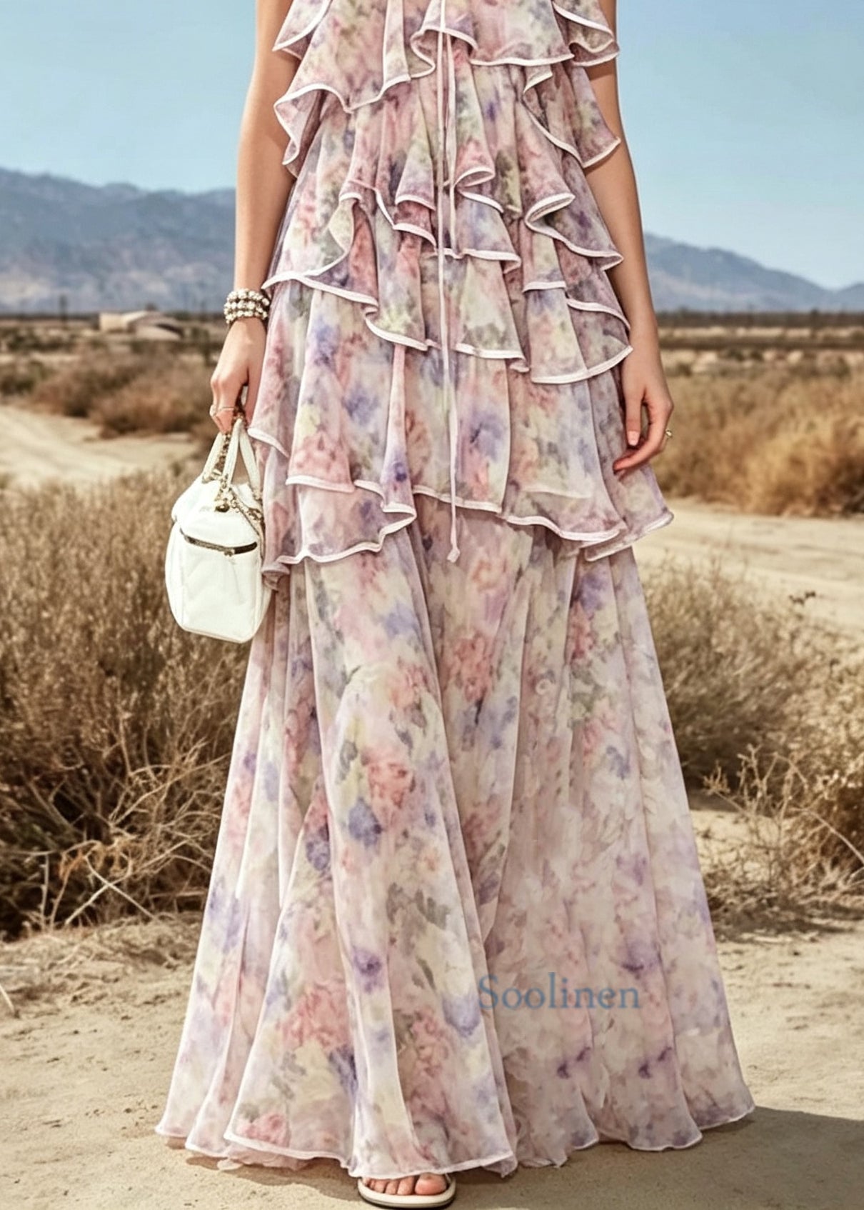 French Ruffled Asymmetrical Design Patchwork Chiffon Dress Sleeveless