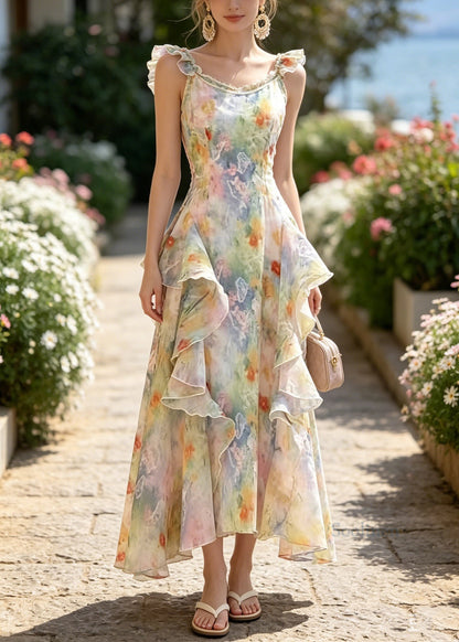 French Ruffled Asymmetrical Design Print Chiffon Vacation Dresses Summer
