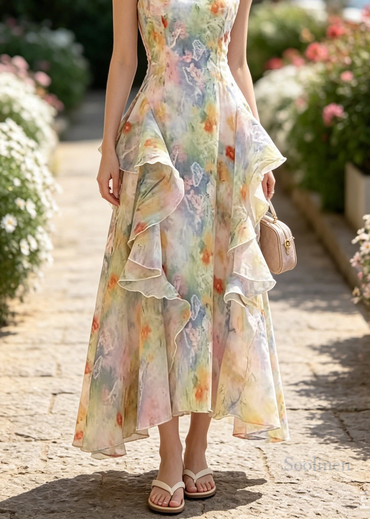 French Ruffled Asymmetrical Design Print Chiffon Vacation Dresses Summer