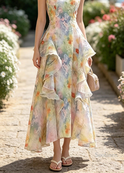 French Ruffled Asymmetrical Design Print Chiffon Vacation Dresses Summer