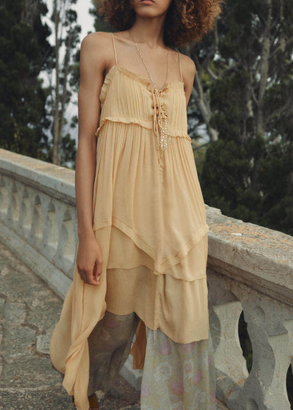 French Ruffled Asymmetrical Patchwork Cotton Spaghetti Strap Dress Summer