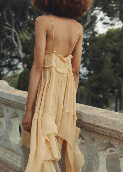 French Ruffled Asymmetrical Patchwork Cotton Spaghetti Strap Dress Summer
