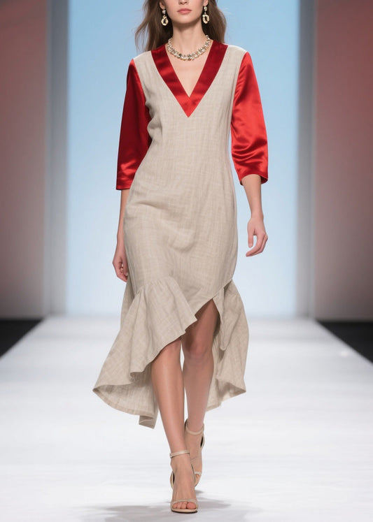 French Ruffled Asymmetrical Patchwork Linen Silk Dress Summer
