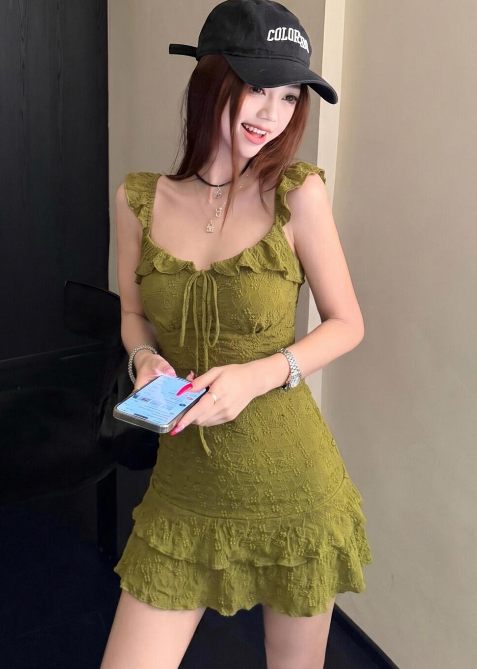 French Ruffled Spaghetti Strap Dress And High Waisted Shorts Two-Piece Set Summer