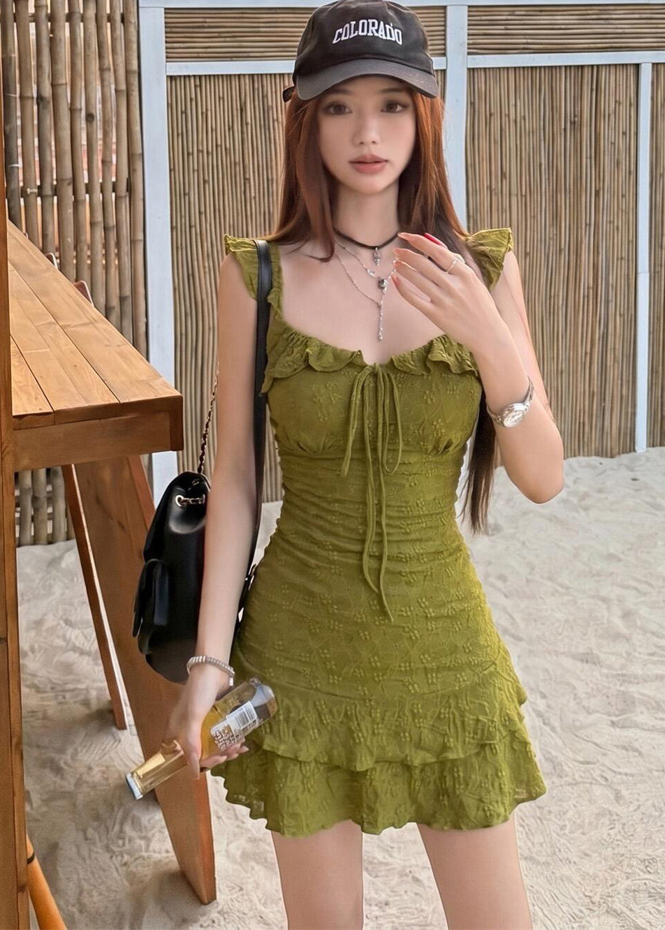 French Ruffled Spaghetti Strap Dress And High Waisted Shorts Two-Piece Set Summer