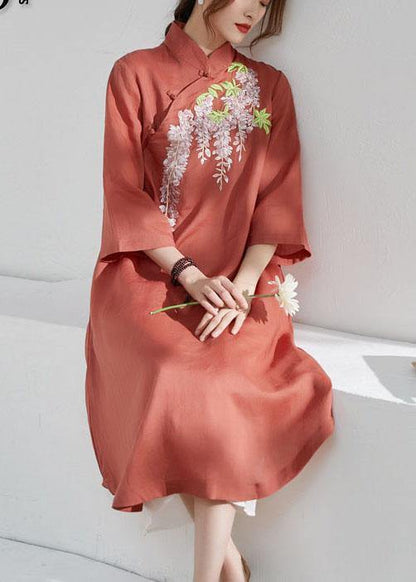 French Rust Embroideried Patchwork Button Summer Ramie Summer Dresses Half Sleeve - SooLinen